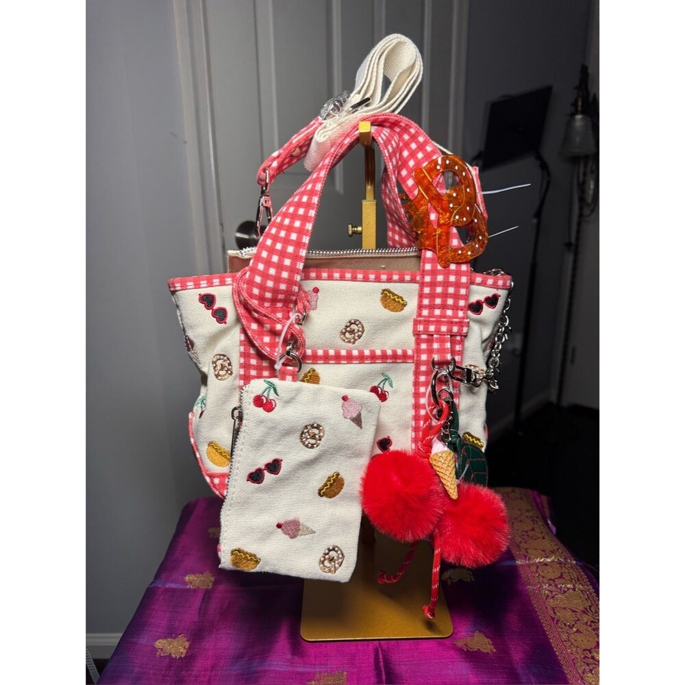 NWT Madden Girl Leti Mini Tote Bag Red Gingham Picnic Crossbody Embroidered